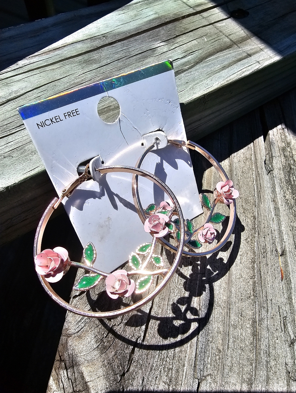 Rose Gold Floral Hoop Earrings Pink Rose Green Leaf Nickel Free NWT - Picture 7 of 10